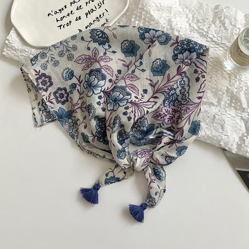 Премиальный хлопковый и льняной шелковый шарф, шарф для защиты шеи, маленький свежий квадратный шарф, цветочный платок для головы, повязка для волос, аксессуары для волос с бахромой