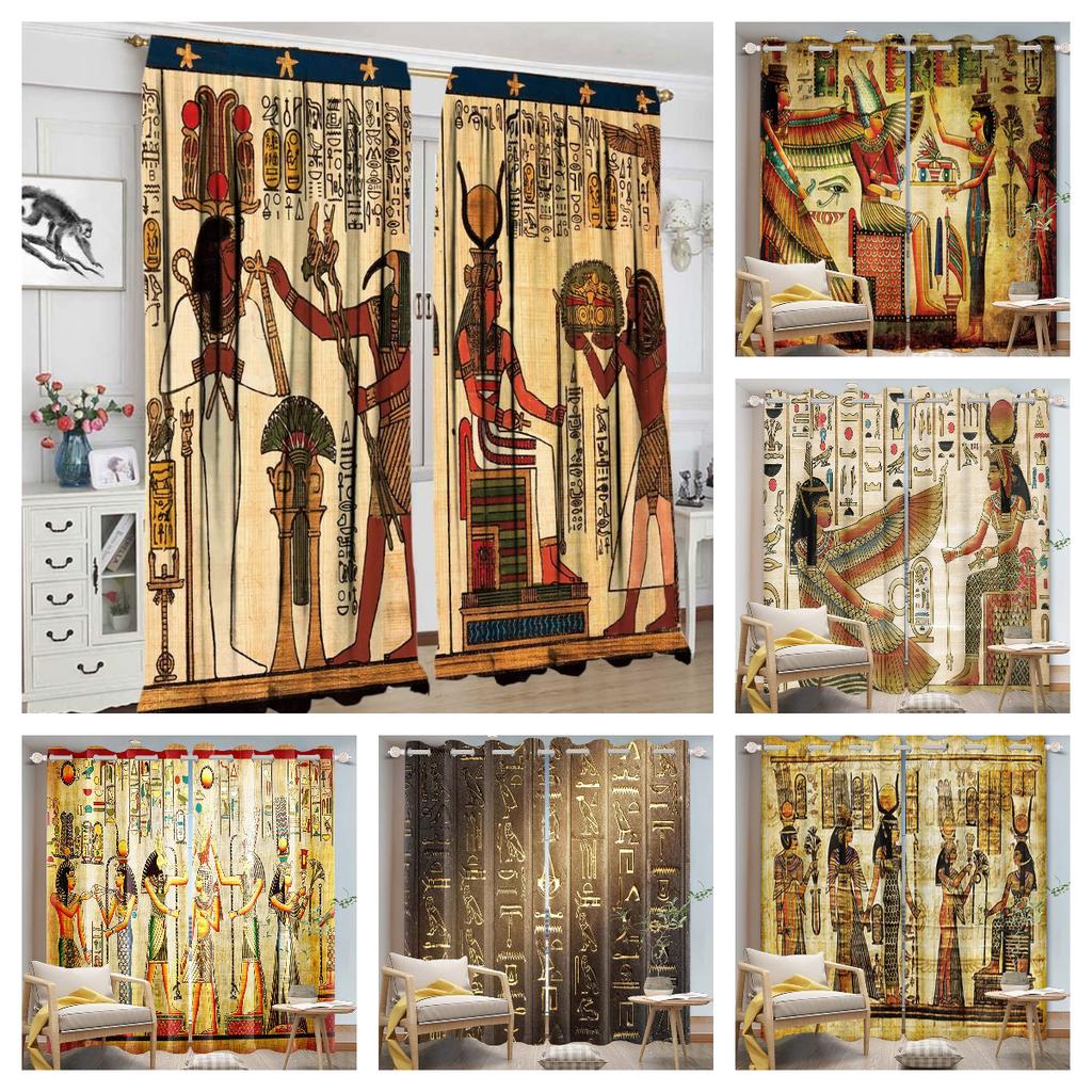 Египетские оконные шторы иероглифы на фресках в древнем египетском храме, затемненные занавески, винтажные шторы, домашний декор для спальни, 2 панели