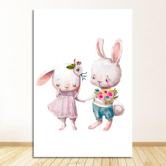 Медведь, настенная живопись на холсте, плакаты на скандинавскую тему и принты, настенные панно, декор для детской комнаты, цветок, кролик, друг, объятие, лиса, мышь