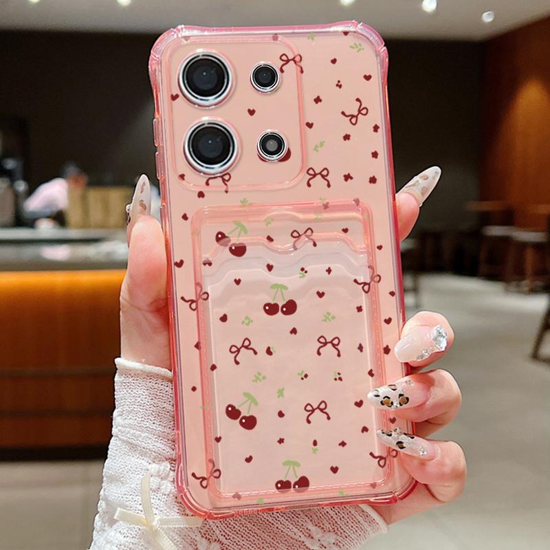 Мягкий силиконовый чехол с рисунком вишневого банта и слотом для карт для Xiaomi 14T 13T Pro Poco F6 Pro X6 C65 Redmi Note 13 12 Pro 11, противоударный прозрачный чехол для телефона