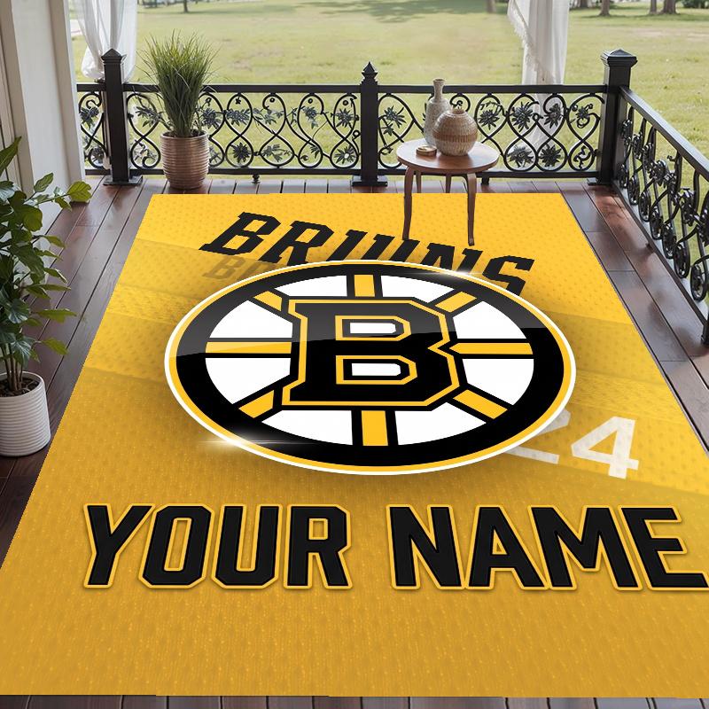 Custom Name Boston Bruins Crystal Velvet Floor Rug Personalized Text Soft Carpet Home Decor