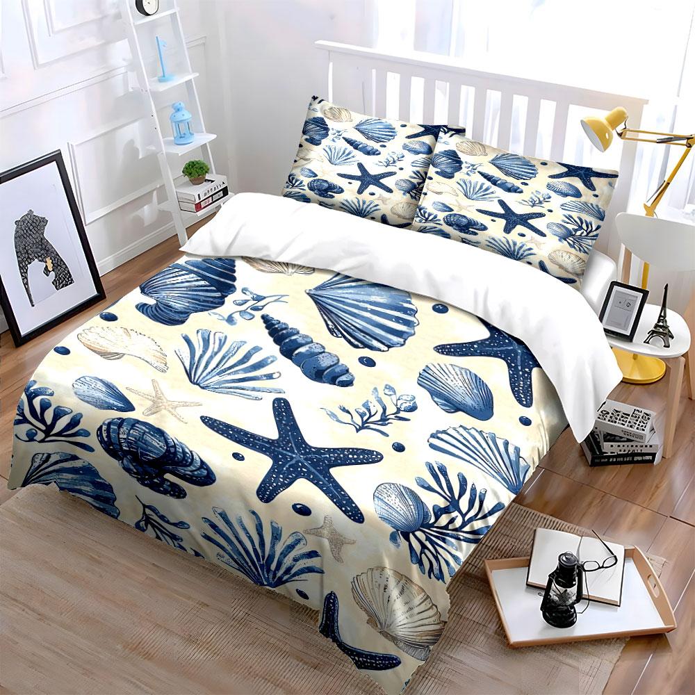 Blue starfish and seashells. Bedding sets Duvet cover sets Duvet covers Pillowcases(1 * Duvet Cover 2 * Pillowcases without duvet insert)