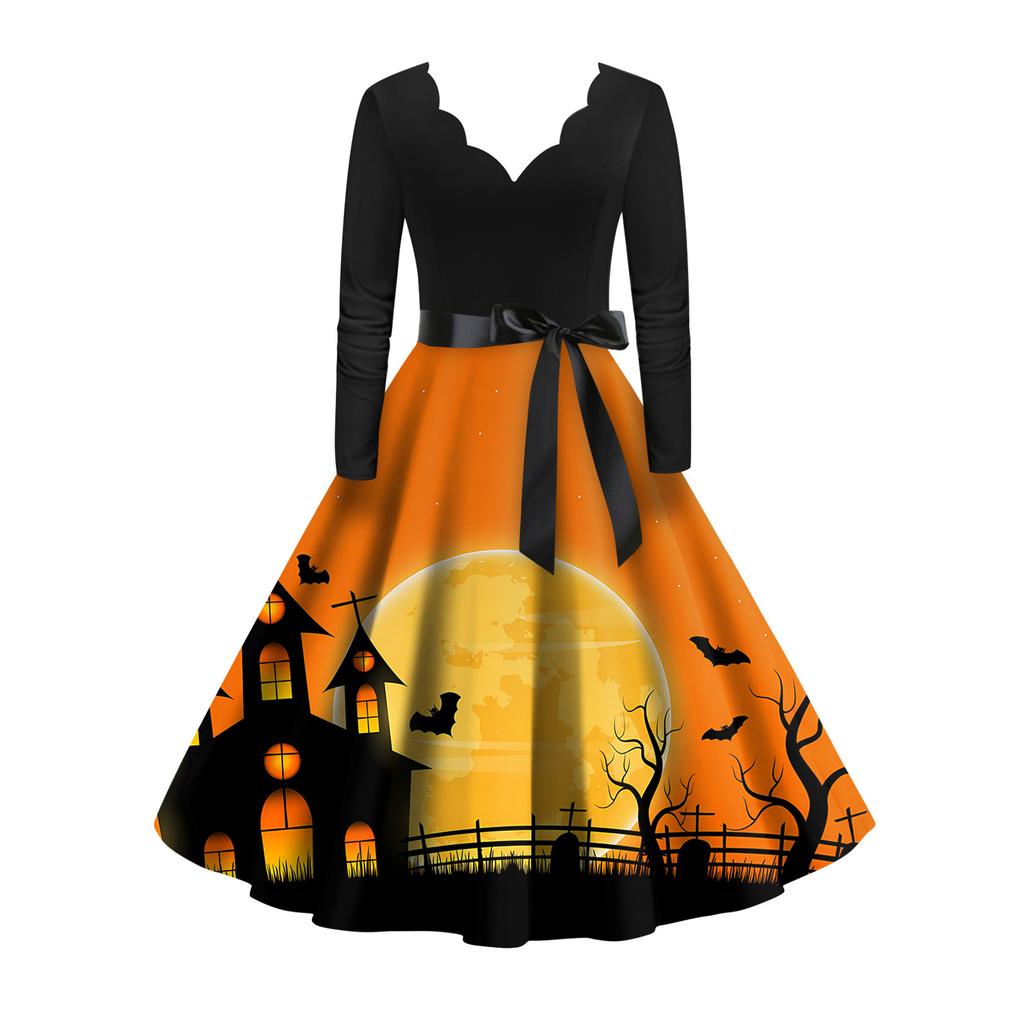 Женское винтажное классическое платье с вырезом на талии и галстуком-бабочкой с длинными рукавами на Хэллоуин с принтом и V-образным вырезом, свободное платье