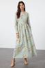 Women's Style Hijab Dress Mint Floral Linen Look Woven Dress