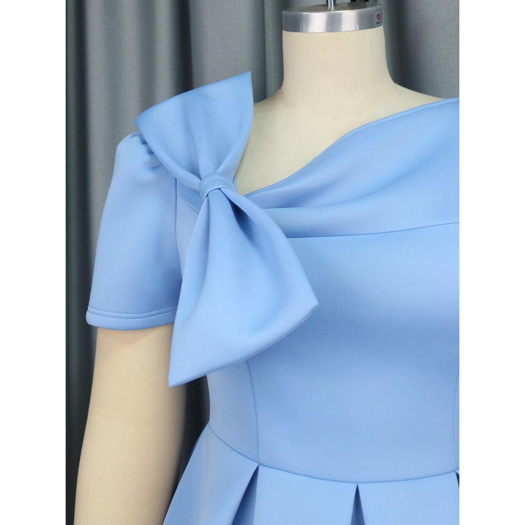 Fashion Women Elegant Short Sleeves Bow Pleat Bride Bridesmaids Wedding Midi Long Dress Party Gowns