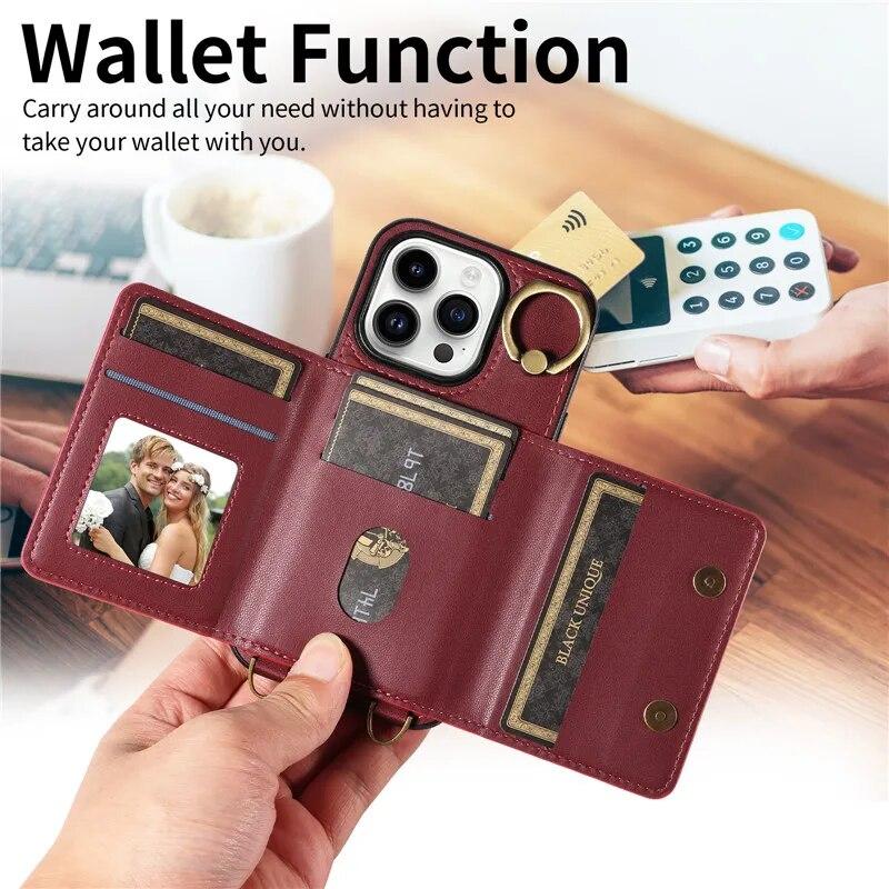 Кожаный чехол-кошелек с ремешком с кольцом для iPhone 15 Pro Max 14 Plus 13 Pro 12 Samsung Galaxy S24 Ultra S23 S22 21 FE A25 A15 A54 A34 A14, раскладной чехол для телефона