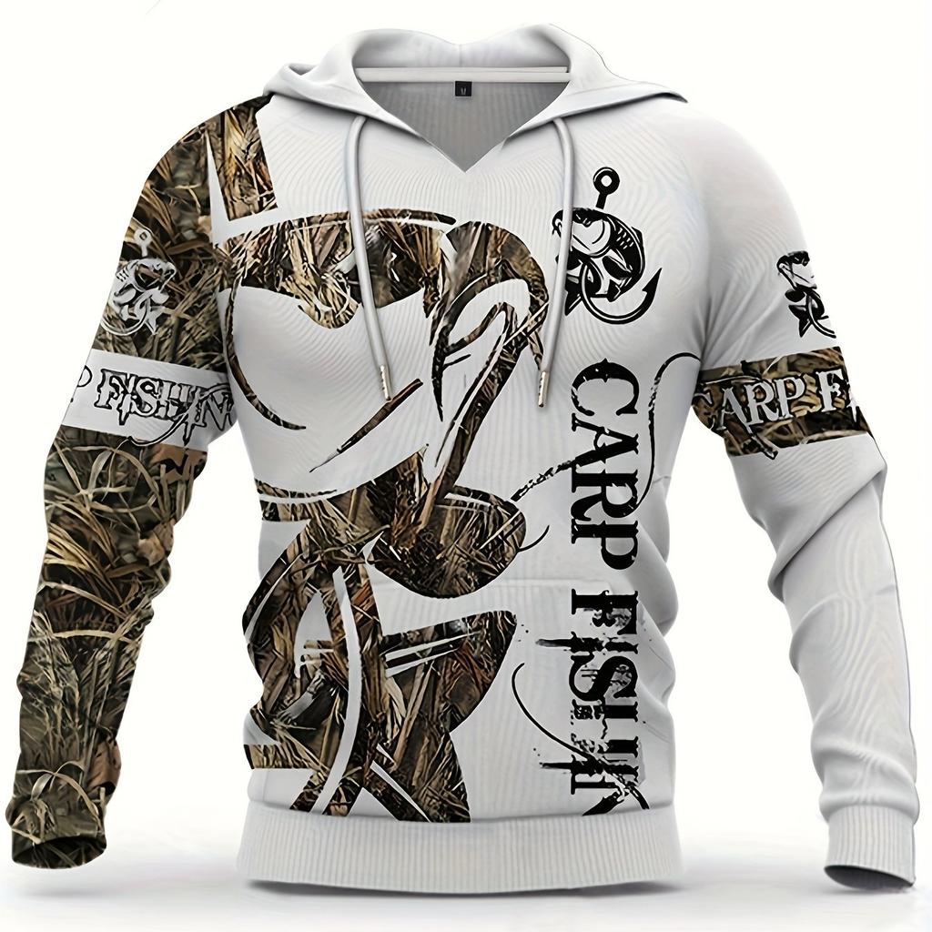 2024 Men's Casual Fishing Pattern 3D Print Hooded Sweatshirt Fashion Long Sleeve Tops Graphic Hoodie with Kangaroo Pocket