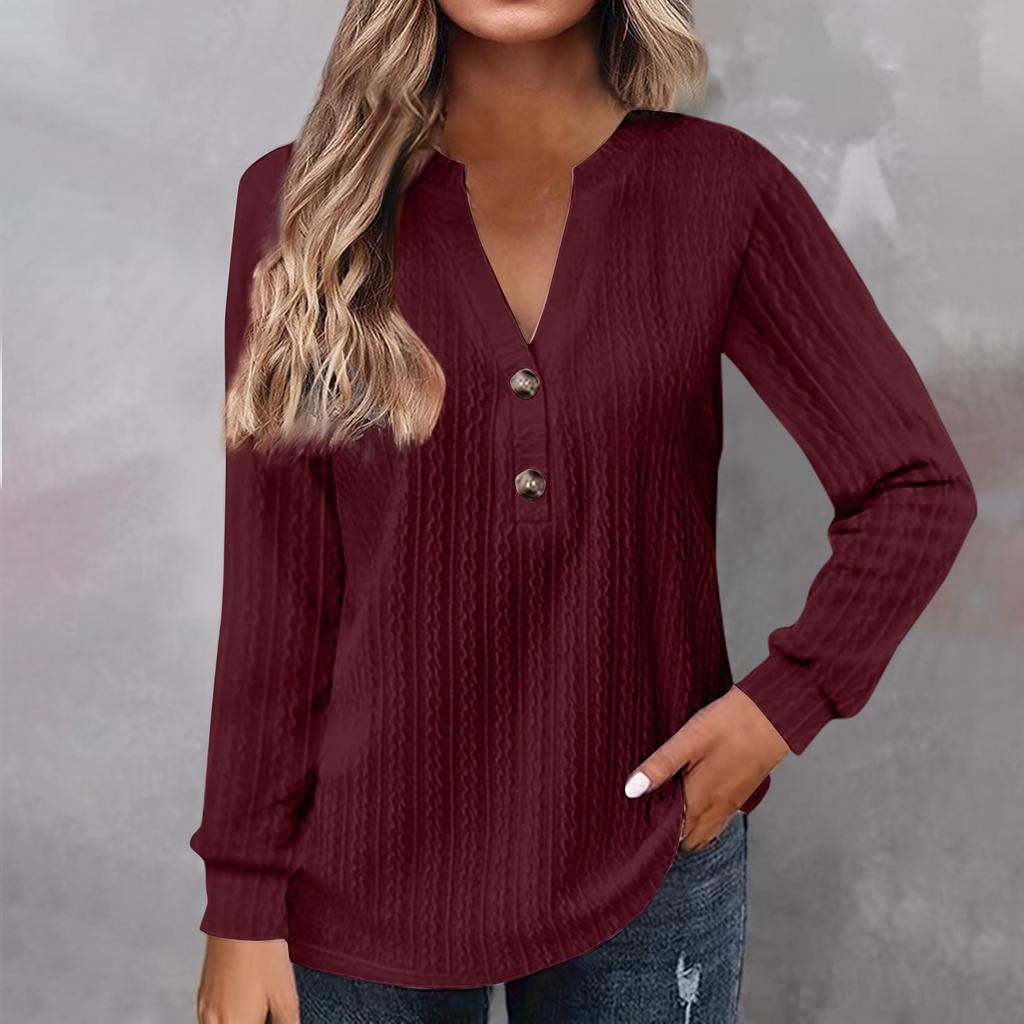 Women's Fashion Long Sleeve Solid Colour V-Neck Button T-Shirt Printed Casual Top