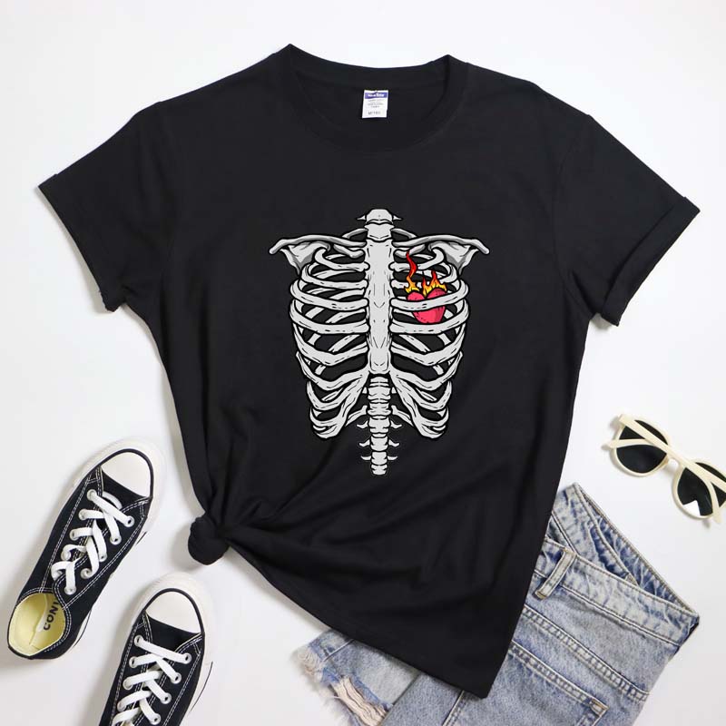 Gothic Skeleton Ribcage With Fireheart TShirt Apparel Aesthetic Unisex Heart Rib Cage Bones Tshirt Fantasy Y2k Goth Tee Top