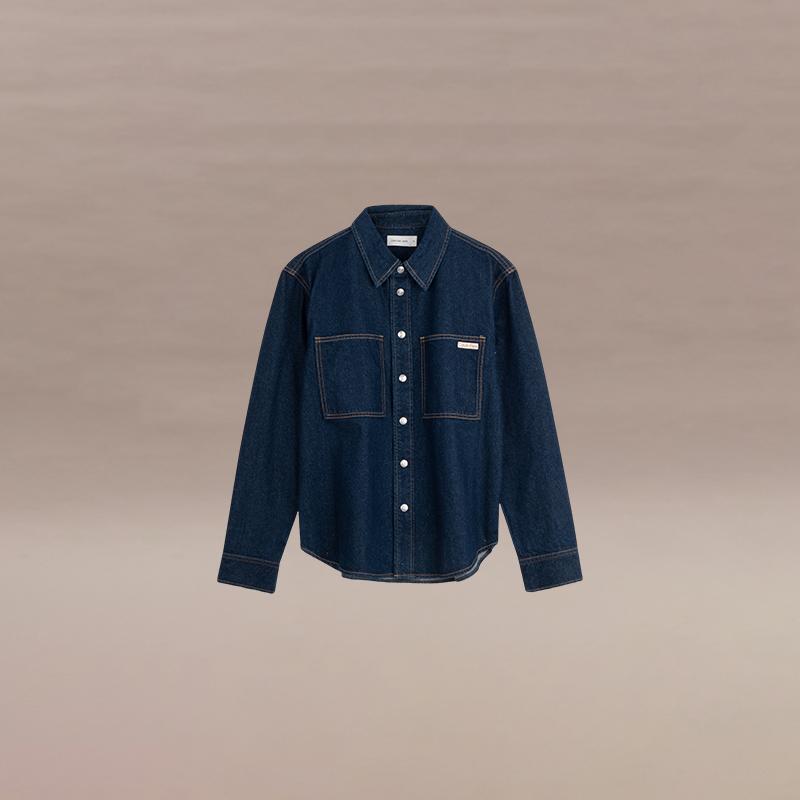 Calvin Klein Классическая ретро-рубашка свободного покроя с квадратным карманом из денима, мужские рубашки темно-синего цвета J327310