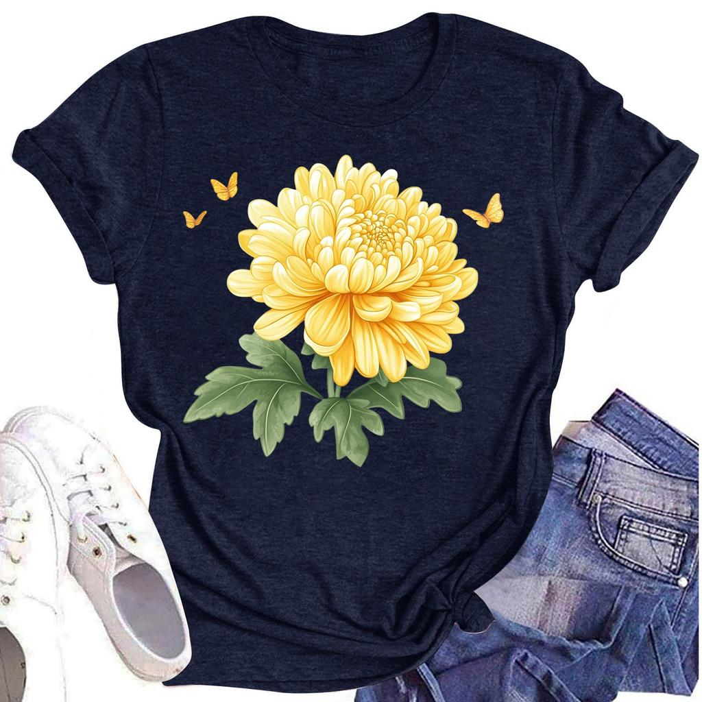 Women's Casual Round Neck Floral Print Short Sleeve T-Shirt Top