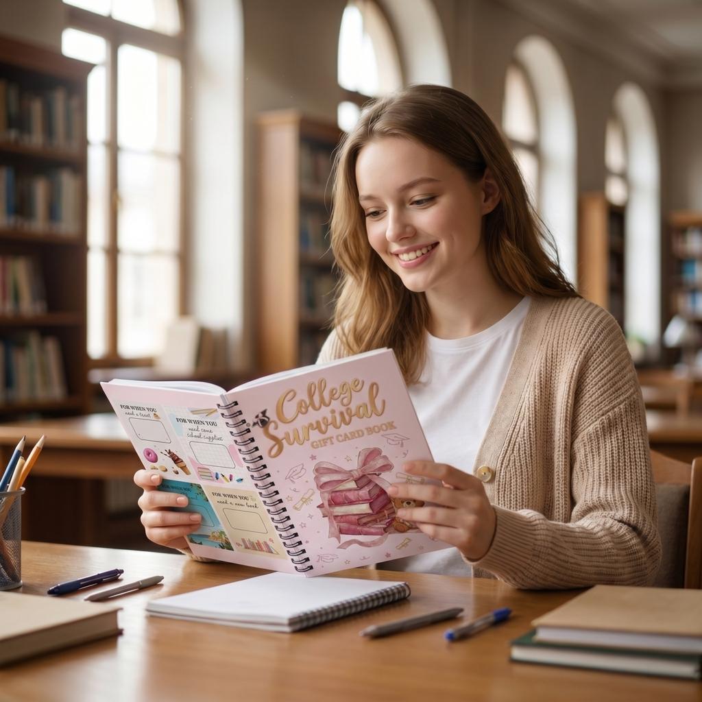 Подарочная книжка-сертификат «Выживание в колледже» Спиральный блокнот с иллюстрацией выпускной шапочки и стопки книг