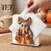 Fall Harvest Party Supplies Halloween Wooden Napkin Holder, Ghost Black Cat Decorative Tabletop Tissue Pumpkin Centerpiece Dispenser, Paper