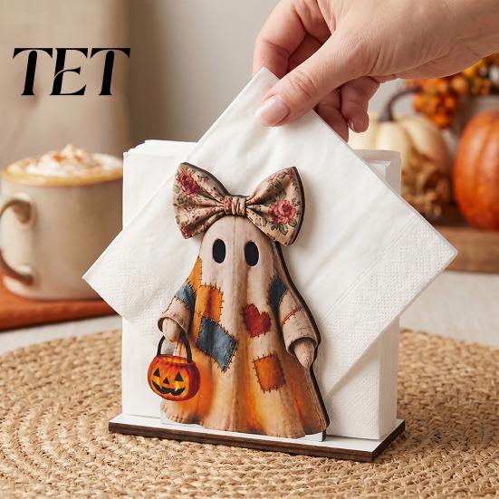 Fall Harvest Party Supplies Halloween Wooden Napkin Holder, Ghost Black Cat Decorative Tabletop Tissue Pumpkin Centerpiece Dispenser, Paper