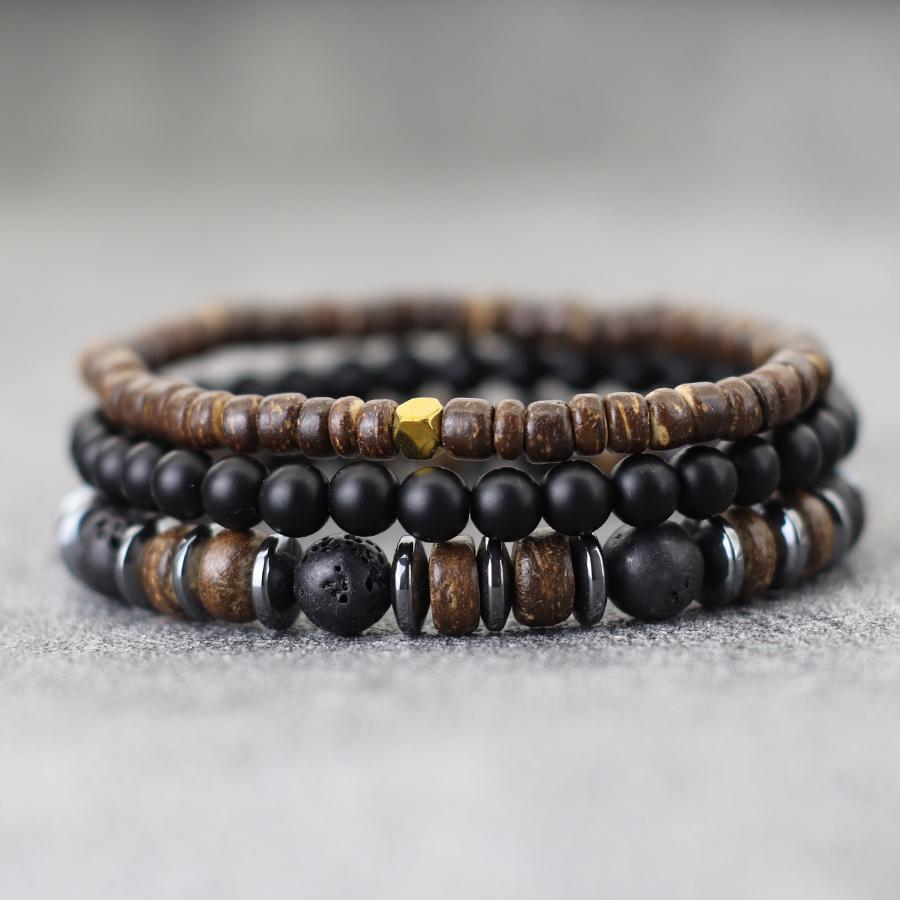 Handmade 3Pcs Men Bracelet Set Natural Coconut Husk Beads Braslet Lava Tiger Eyes Hematite Stone Wrap Braclet Meditation Pulsera