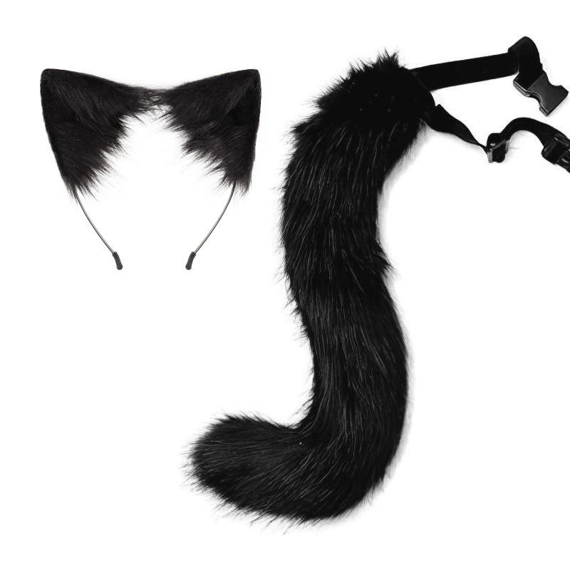 Faux Fur Fox Tail Costume Accessory With Cat Ear Headband Halloween Cosplay Party