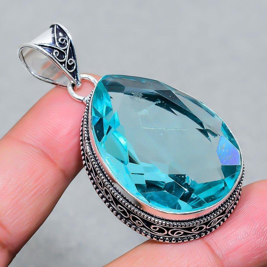 Lab Created Swiss Blue Topaz Vintage Pendant 2.2" Silver Tone Pear Cut Gemstone