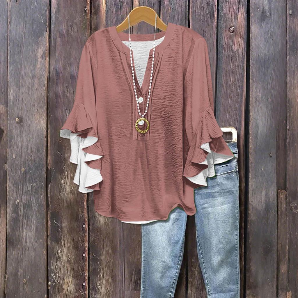 Women's Fashion Casual Button V-Neck Seven Sleeve Vintage Solid Color Shirt Top
