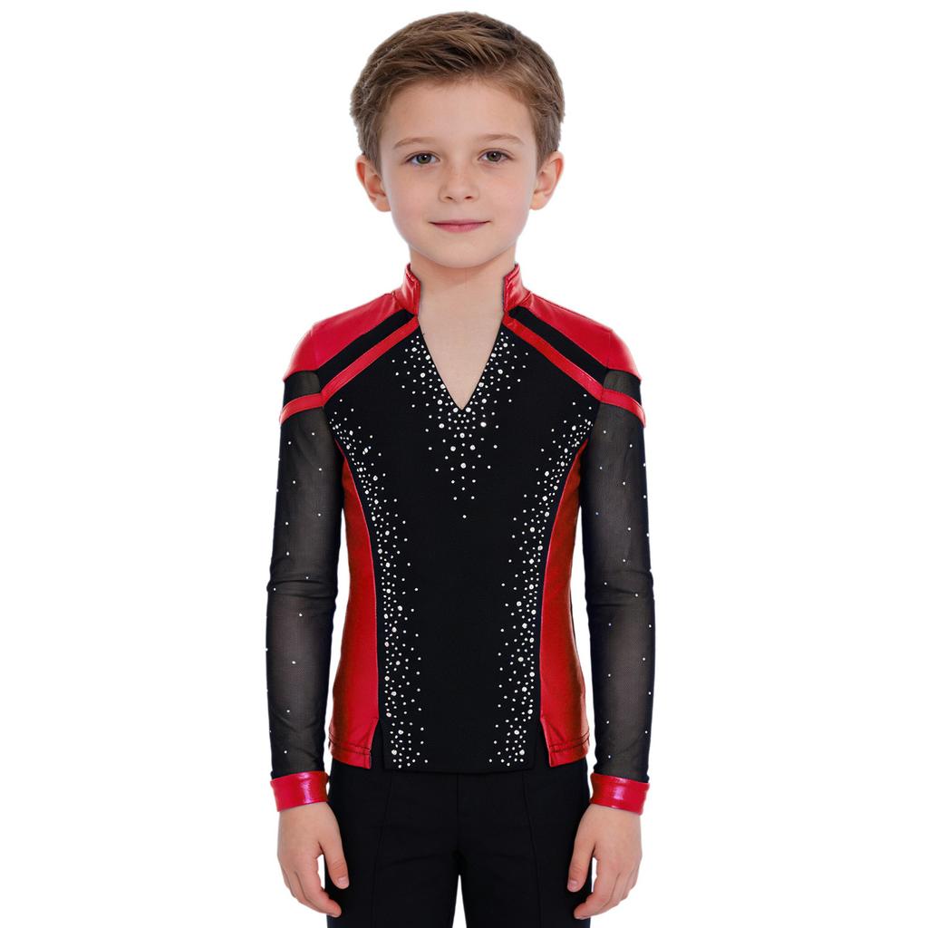 Boys Skating Performance Top: V-Neck Long Sleeve Rhinestone Color Block with Split Hem for Competition Costume