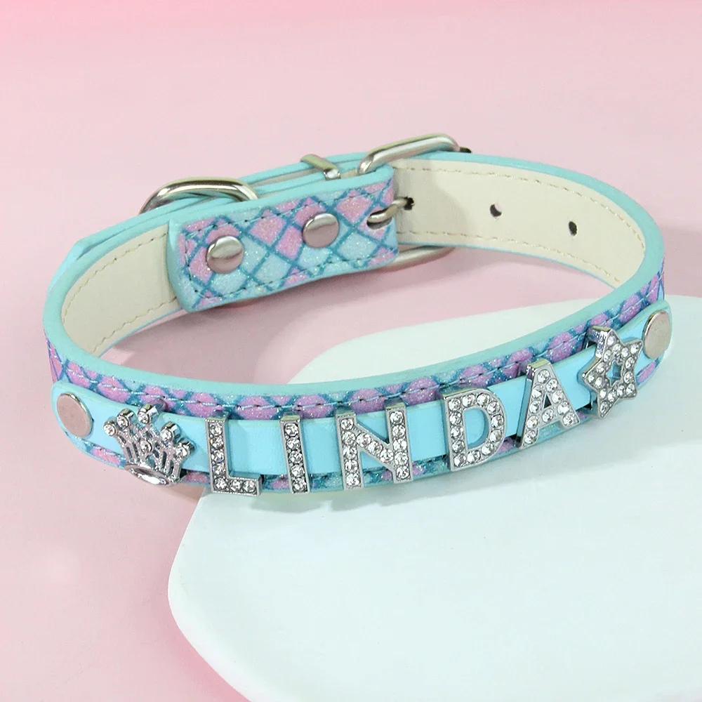 Personalized DIY Name Dog Collars Bling Pet Dog Collar With Diamond Buckle Puppy Cat Letters Charms For Teddy French Bulldog