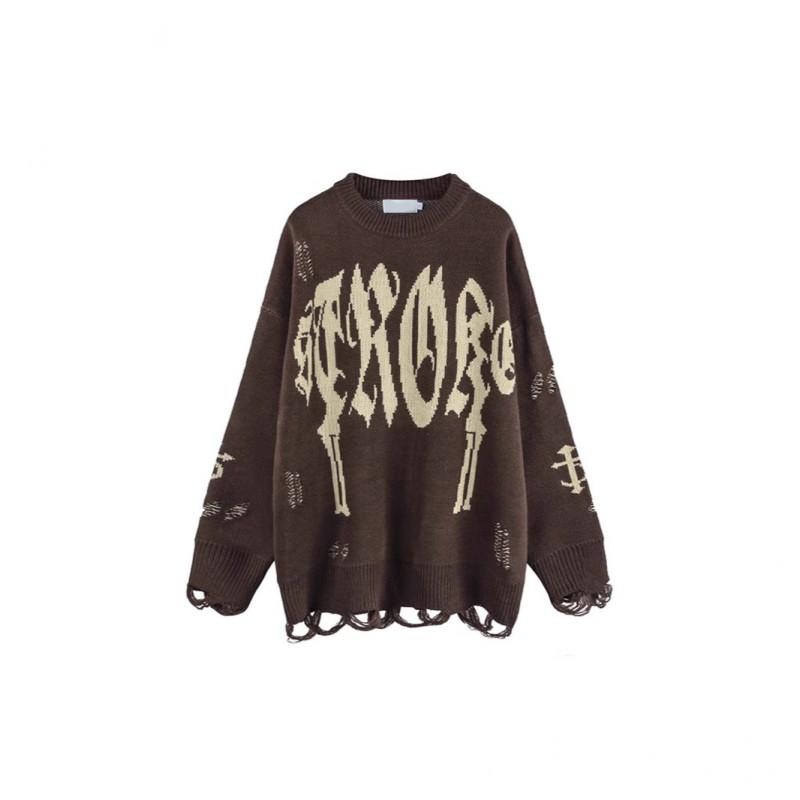 Unisex Streetwear Knit Sweater With Distressed Holes Loose Fit Long Sleeve Round Neck Pullover Winter