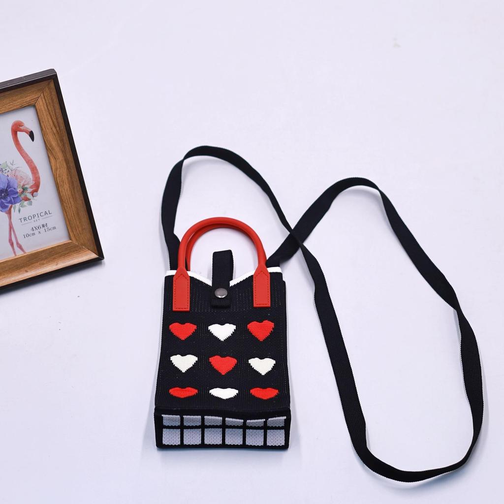 Women Cartoon Knitted Handheld Outdoor Crossbody Bag Leisure Cute Inclined Shoulder Bags Snap Button Mobile Phone Bags