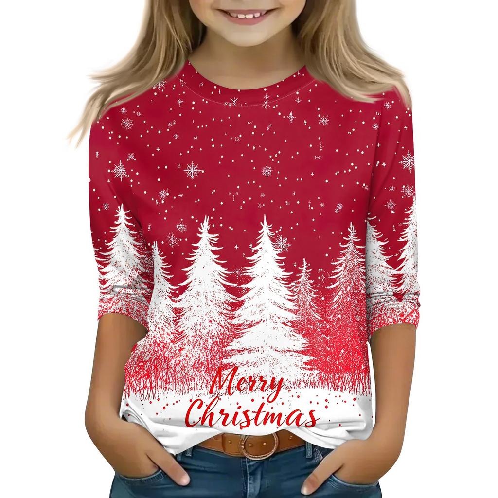 Детские топы с рукавом 3/4, повседневная футболка с рождественским принтом, пуловер с круглым вырезом