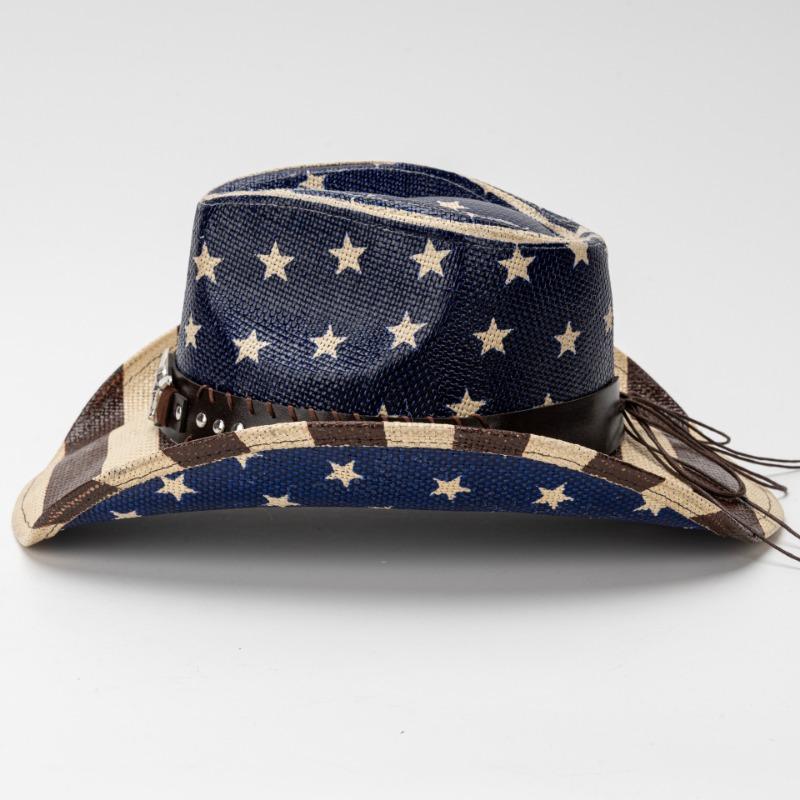 Unisex Vintage American Flag Print Woven Straw Cowboy Hat With Bull Head Rivet Band