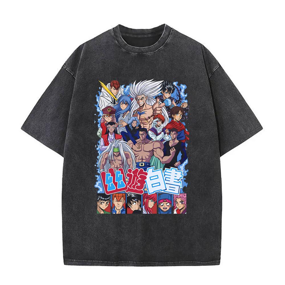 Аниме YuYu Hakusho Винтажная стираная футболка Мужская Женская Одежда Мультяшная Оверсайз Футболка Мужская Хип-Хоп Ретро Футболки Уличная одежда