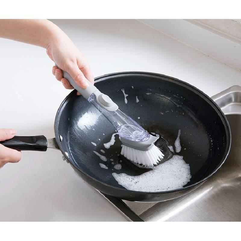 Premium Automatic Liquid Dispensing Long Handle Pot Cleaning Brush With Non-stick Features For Effortless Kitchen Cleaning