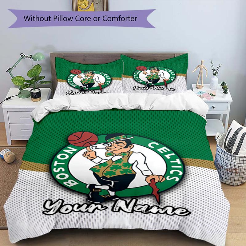 3pcs Custom Name Boston Celtics Bedding Set Duvet Cover Closure Includes 1 Duvet Cover & 2 Pillowcases, Soft and Comfortable for All Seasons.