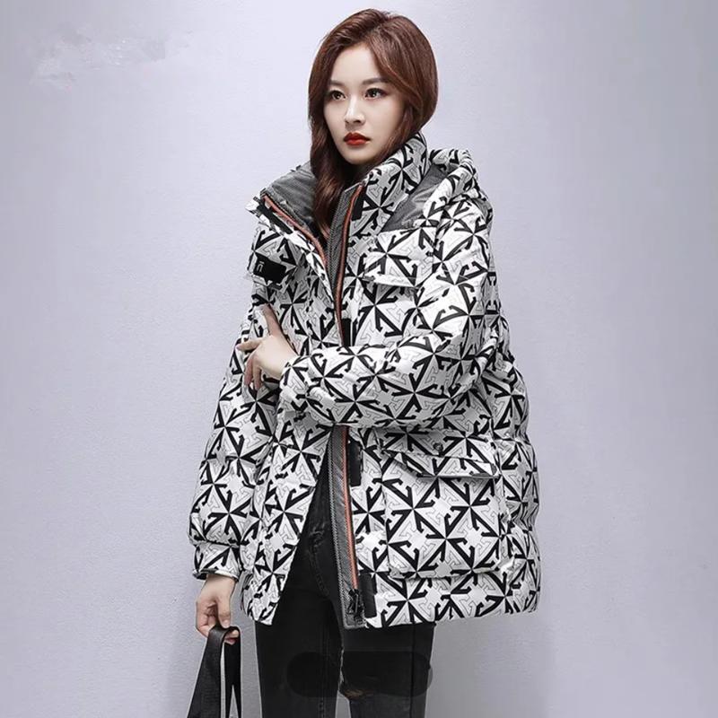 Mid Length Down Cotton Jacket for Women's Winter New Fashionable Standing Collar Hooded Winter Clothing