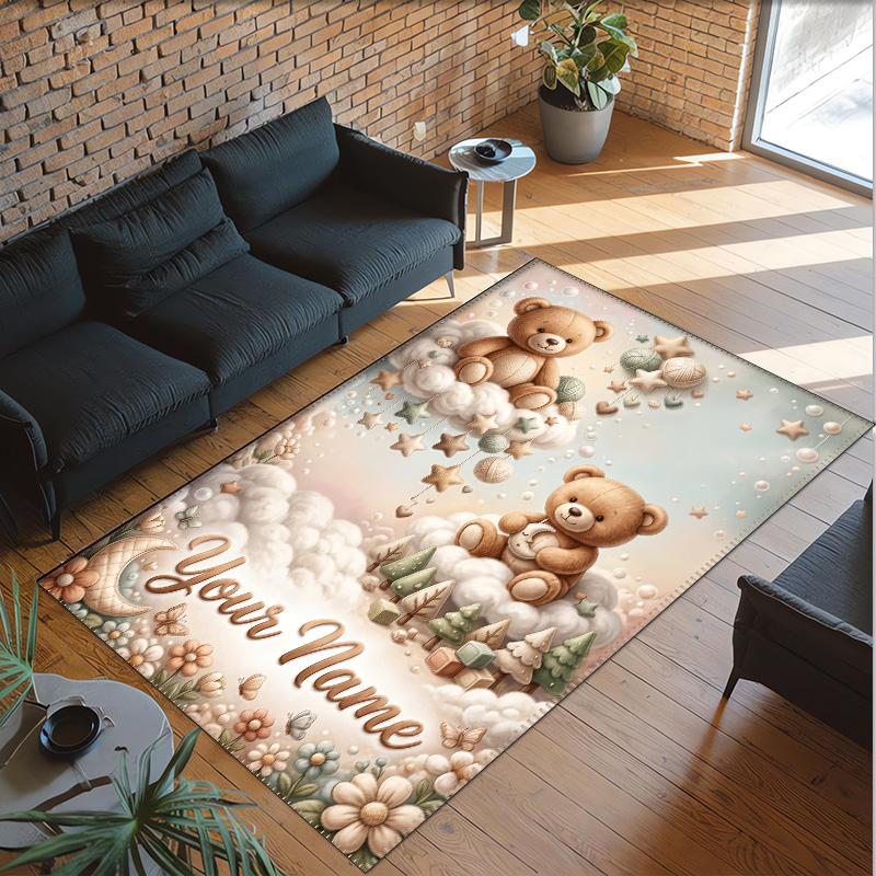 Teddy Bear Theme Crystal Velvet Rug Personalized Custom Name Text Soft Floor Mat Home Decor