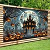 1. A terrifying Halloween-themed background banner - made of polyester fabric featuring a full moon and bats