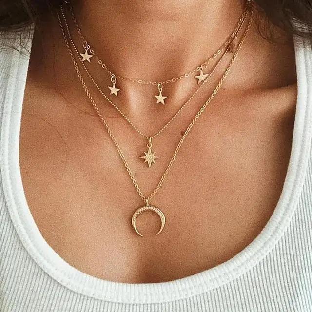 Винтажное многослойное ожерелье с подвеской из кристаллов, женское золотого цвета, бусины, луна, звезда, рог, полумесяц, колье, ожерелья, ювелирные изделия, новинка