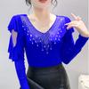 High Quality Spring Autumn Women Blue Black Mesh Inlaid Diamonds Ruffles TShirt Fashion Long Sleeve Slim Tops Sexy V-neck Casual Tees