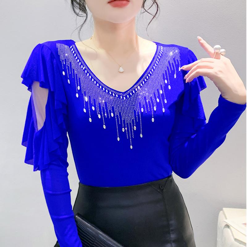 High Quality Spring Autumn Women Blue Black Mesh Inlaid Diamonds Ruffles TShirt Fashion Long Sleeve Slim Tops Sexy V-neck Casual Tees