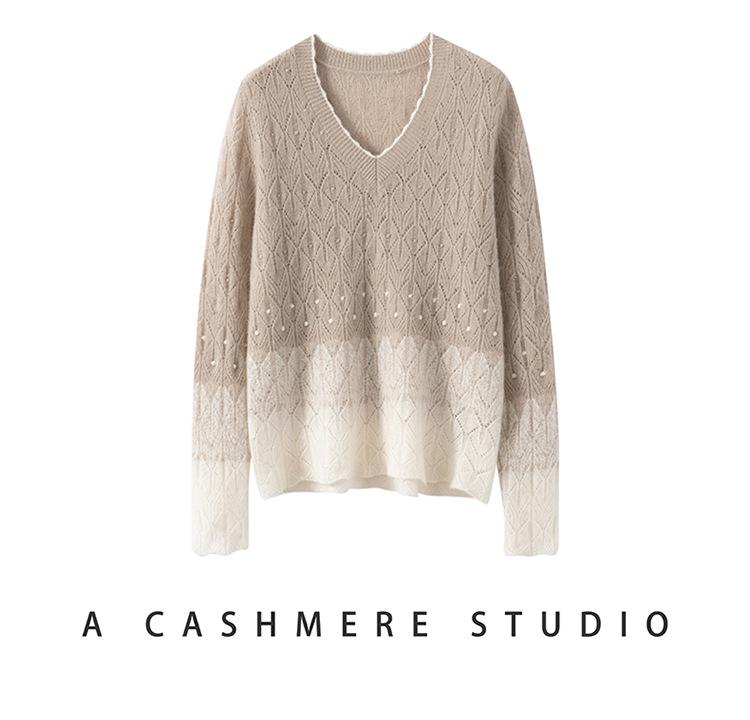 100% Pure Cashmere V-Neck Women's Sweater: Autumn/Winter, Thin, Hollow Knit, Color Block, Loose Fit Top