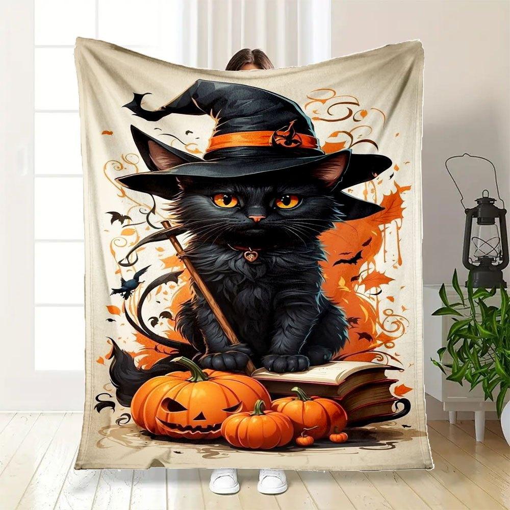 "Halloween Witch Cat Decorations - Spooky Black Cat with Hat"Blanket Flannel Throw Blanket for Sofa, Bed, Travel, Camping, Office