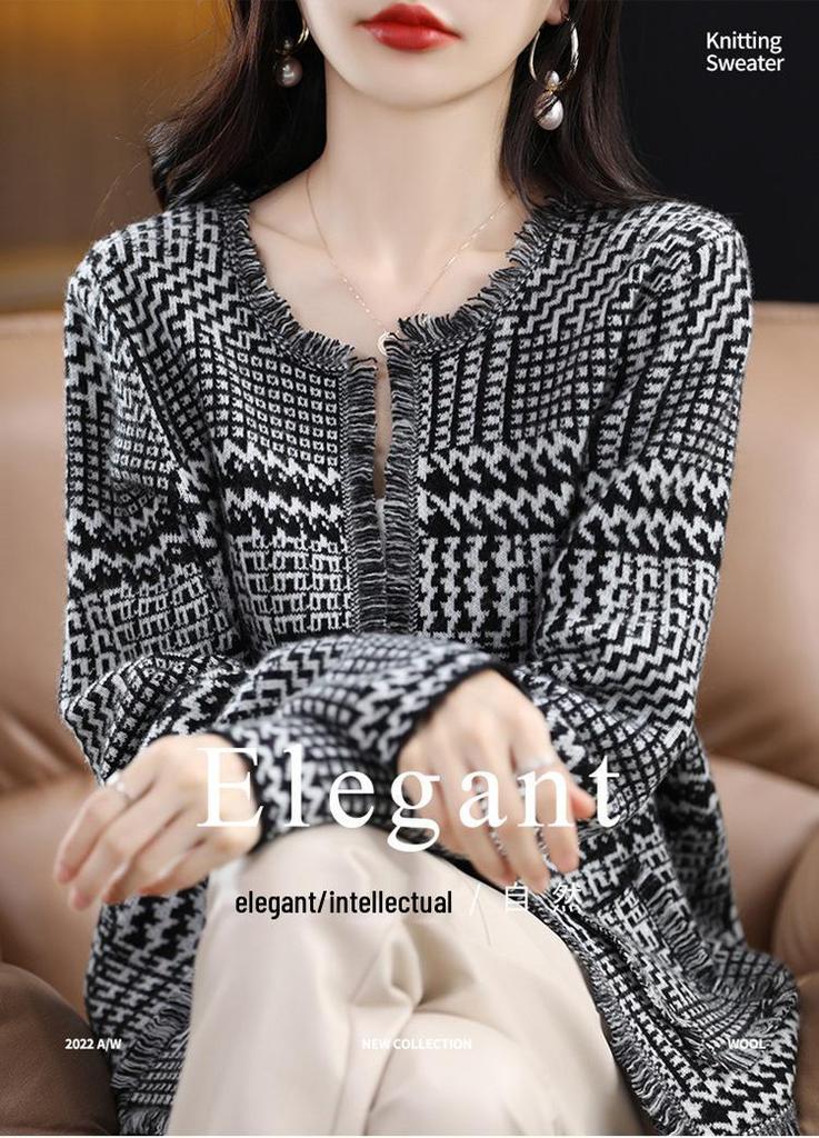 Женский кардиган в гусиную лапку в стиле French Chic из шерсти - Осенне-зимний плотной вязки с кисточками