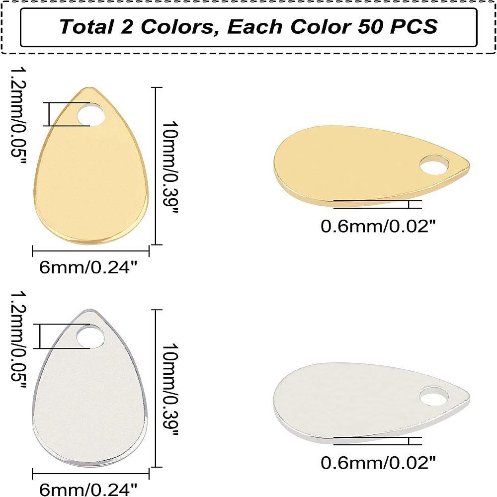 Ion Plating(IP) Stainless Steel Charms Teardrop Stamping Blank Tag Golden & Stainless Steel Color 10x6x0.6mm Hole: 1.2mm 2 colors 50pcs/color
