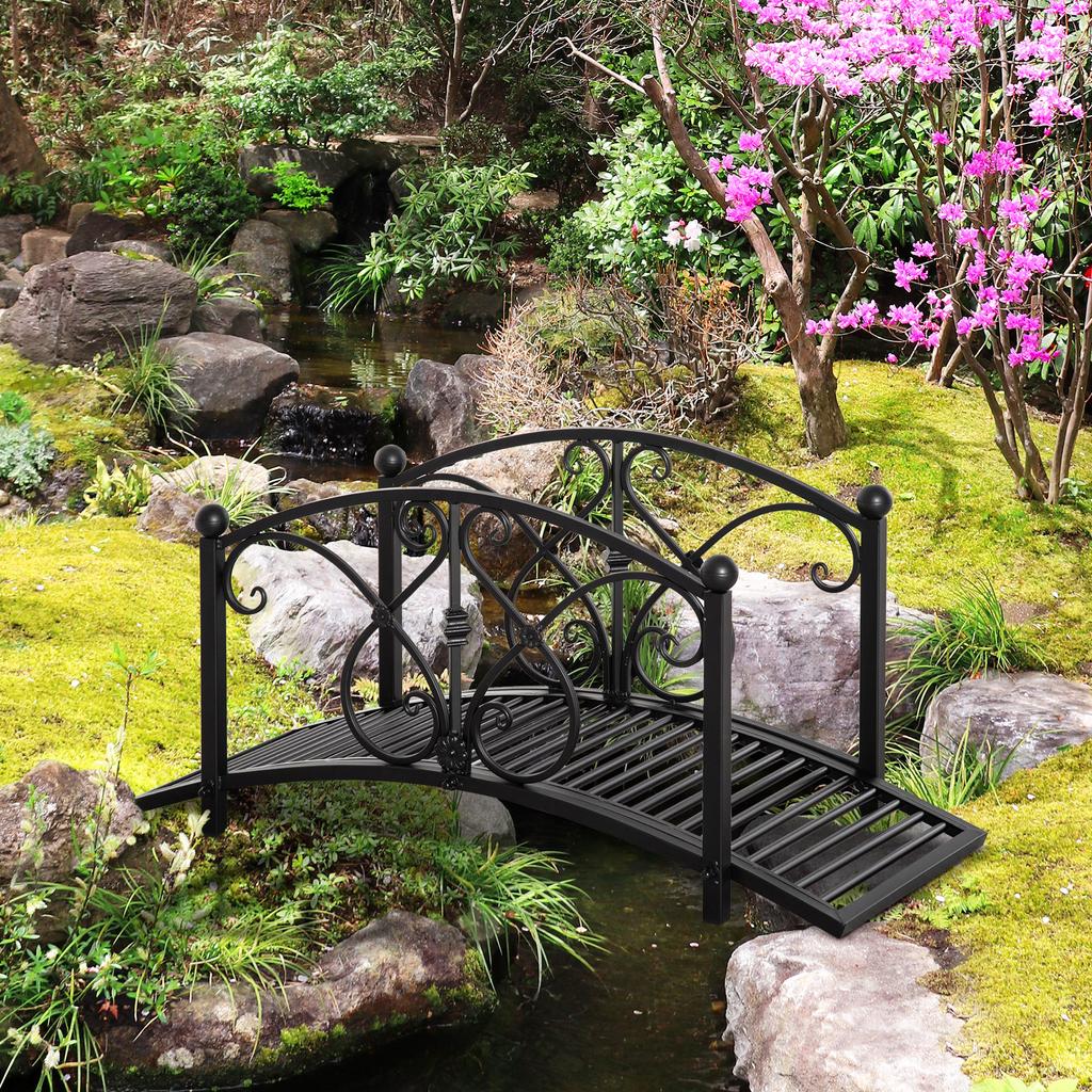 102L x 48W x 49H Classic Metal Garden Bridge with Safety Railings Arc Footbridge Decorative Pond Bridge for Backyard Creek Stream, Black