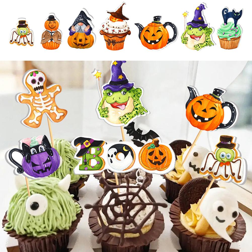 Halloween Cake Topper 16pcs Spooky Ghost Pumpkin Cupcake Decor Dessert Picks Eco-Friendly Festive Baking Supplies Halloween