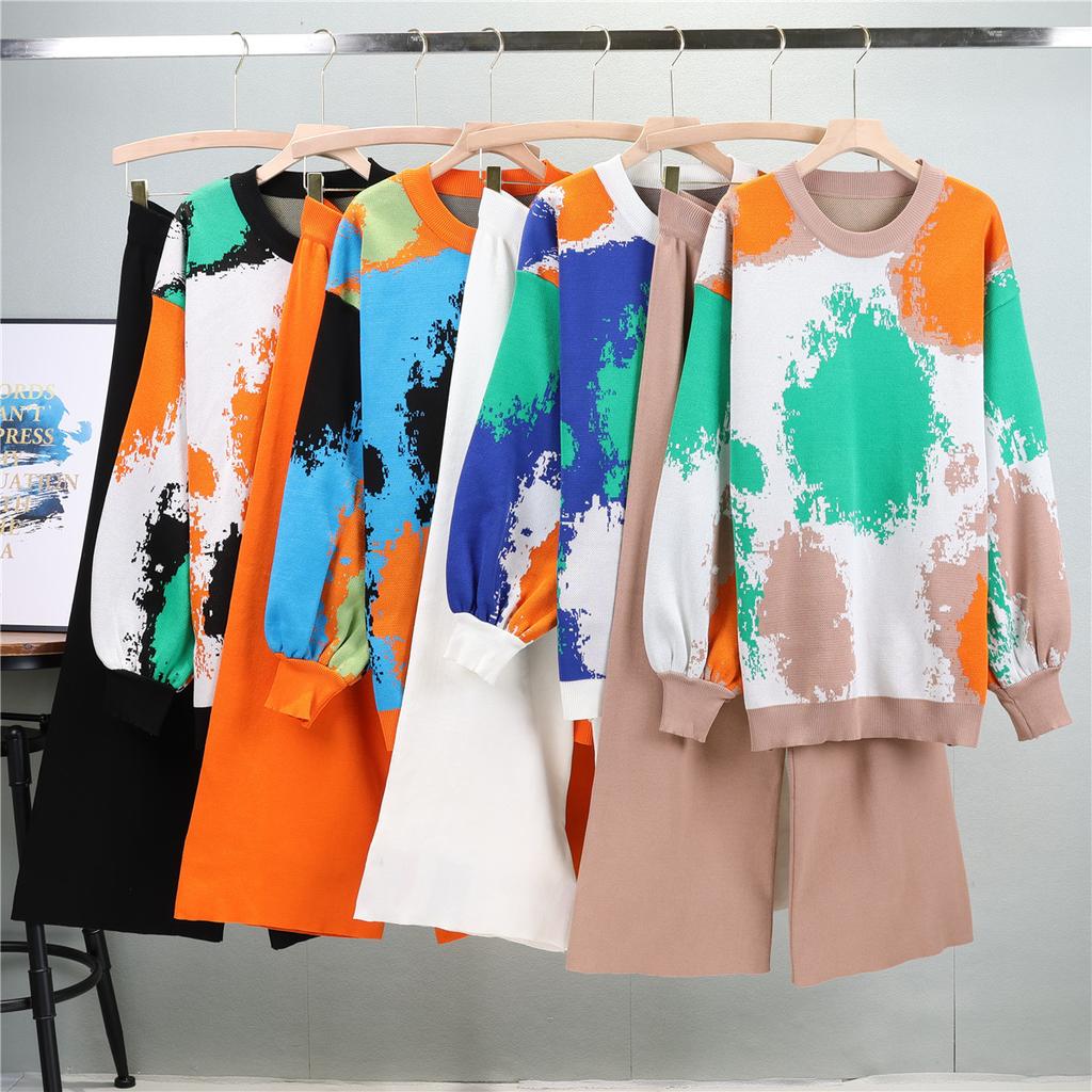 Autumn and Winter Women's Knitted Suit Simple Retro Fashion Long-sleeved Sweater Wide-legged Pants Loose Casual Two-piece Set