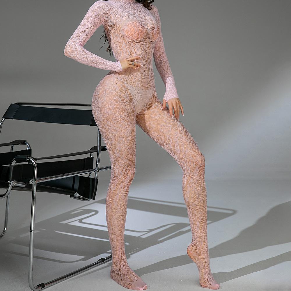 Pink long-sleeved backless romantic lingerie, net garment, sexy European and American cross-border pajamas, jacquard one-piece tight-fitting...
