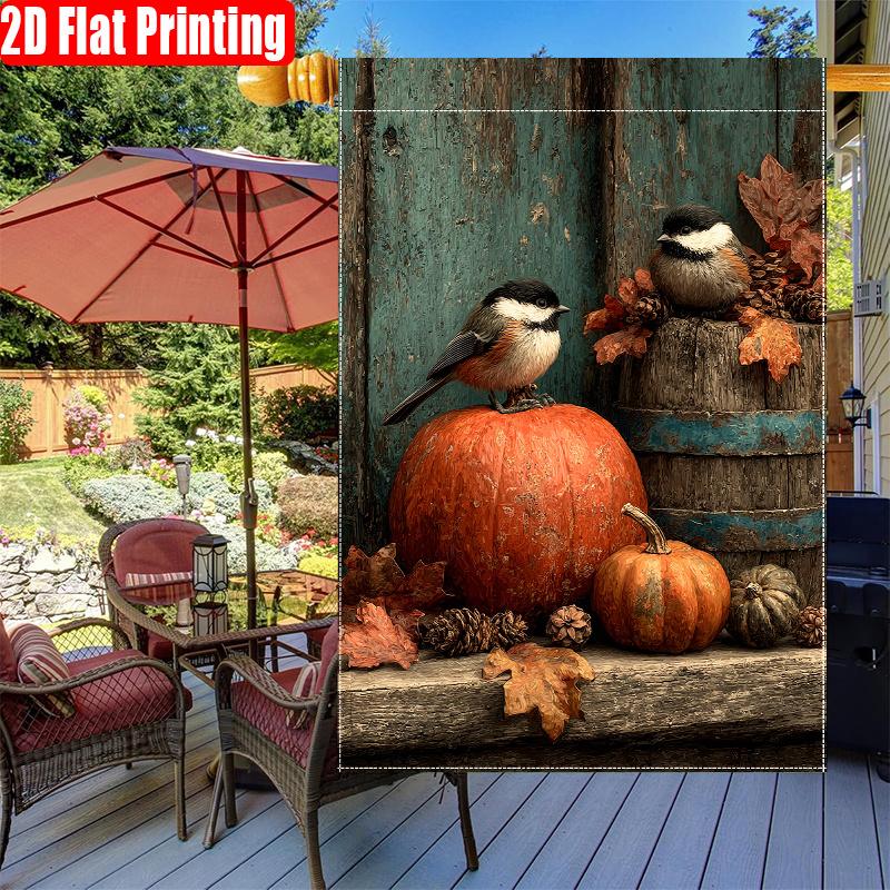 2D Flat - 2D Printing, 1pc Autumn Thanksgiving Bucket Bird Pumpkin Maple Leaf Print Courtyard Flag-Double Sided Garden Flag, Yard Decoration, Outdoor