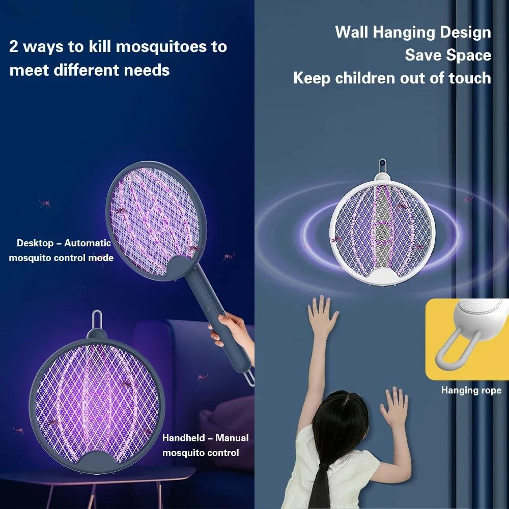 Electric Mosquito Swatter 3000V Foldable USB Rechargeable Handheld Bug Zapper with UV Light Trap for Indoor Outdoor Pest Control