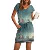 Женские модные повседневные платья с V-образным вырезом и коротким рукавом, на завязках и карманах с принтом