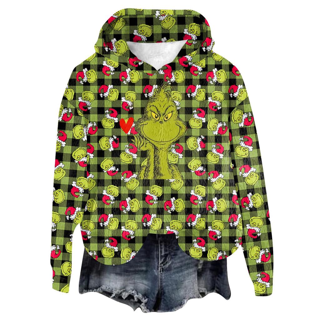 Women's Hooded Long Sleeve Christmas Printed Flannel Top Hooded Sweatshirt