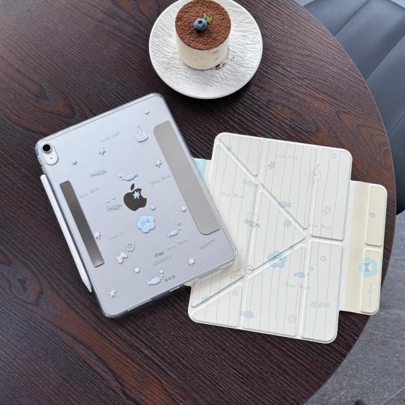 Korean Style Striped Cat Print IPad Case With Stand Auto Sleep Air 10.9 11 10.2 9.7 Mini 6 7 Pro 13